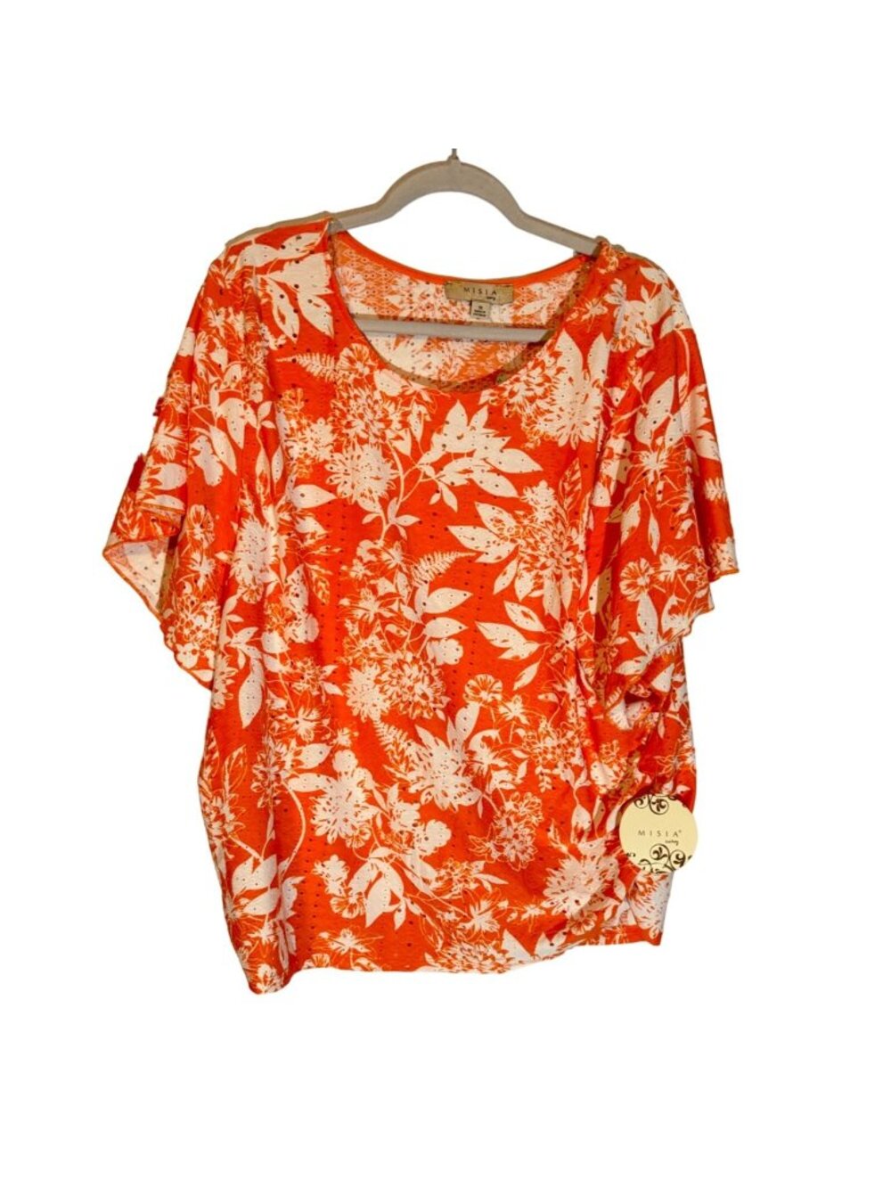 Misia Women's Curvy Floral Print Orange & White Top Size 1X  Blouse